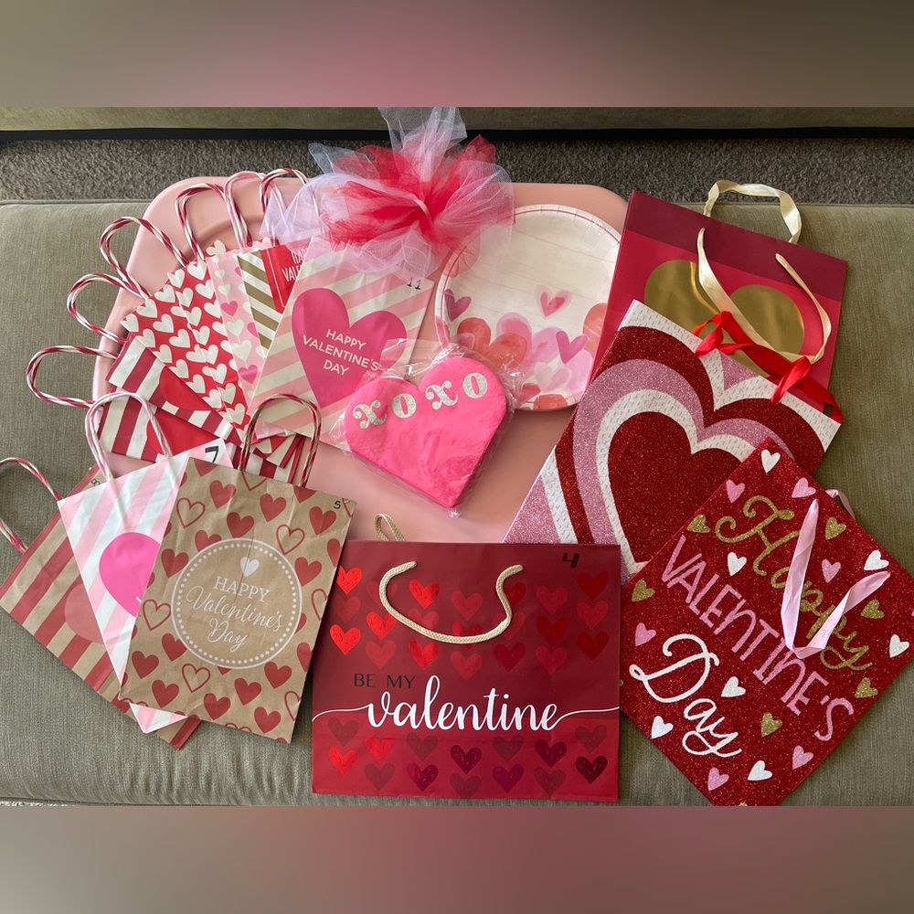 Lot of Valentine’s paper products - gift bags assorted sizes, plates and napkins